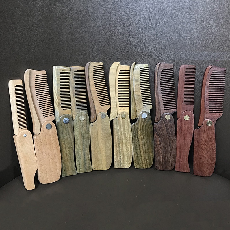 Peigne électronique de voyage pour hommes, accessoire de poche à dents fines, en bois naturel, pliable, pour barbe, cheveux