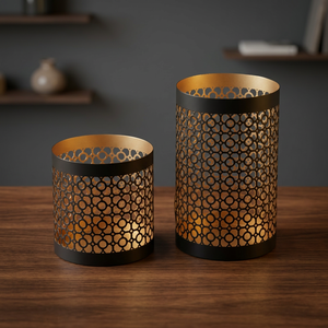 Cylinder Metal Lantern Candle Holder with Gold Interior and <b>Circular</b> Cutouts for Home Decoration - Product Image 3