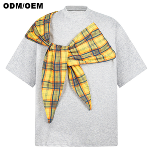 Tùy chỉnh-thực hiện lỏng cũ QIAN Hong kong-phong cách Mỹ kiểm tra Tay Ngắn Vải T-Shirt rắn bông/sợi tre khăn choàng dựa - Product Image 3