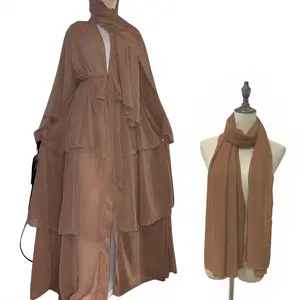 Dubai Arab Splicing Drie-Lagen Chiffon Maxi Jurken Effen Kleur Front-Open Vest Gewaad Islamitische Lange Mouw Jurk Abaya