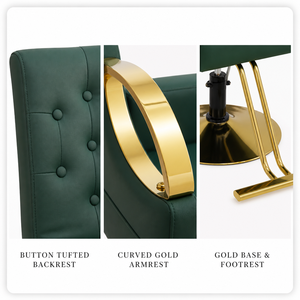 Sillón de Barbería Hidráulico Moderno, Tapizado en Verde, con Base Metálica y Acabado en Latón - Product Image 6