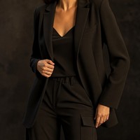 Ensemble de costume 2 pièces pour femmes, blazer long ouvert sur le devant, pantalon cargo slim, taille plus, noir, crêpe mat, chic, S à 5X