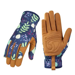 Durable Ladies Outdoor Flower Printed Rose Pruning Work Thorn Proof Leather Gardening Gloves For Women