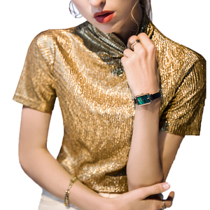 Fashion Style Women Short Sleeve t Shirts Mock Neck Slim <strong>Sequins</strong> Gold <strong>Tops</strong> Summer Clothing Custom <strong>Plus</strong> <strong>Size</strong> Lady Shirt - Product Image 2