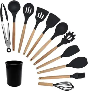 Set Peralatan Dapur 12 Buah, Peralatan Dapur Multi Warna, Pegangan Kayu Silikon Tahan Makanan