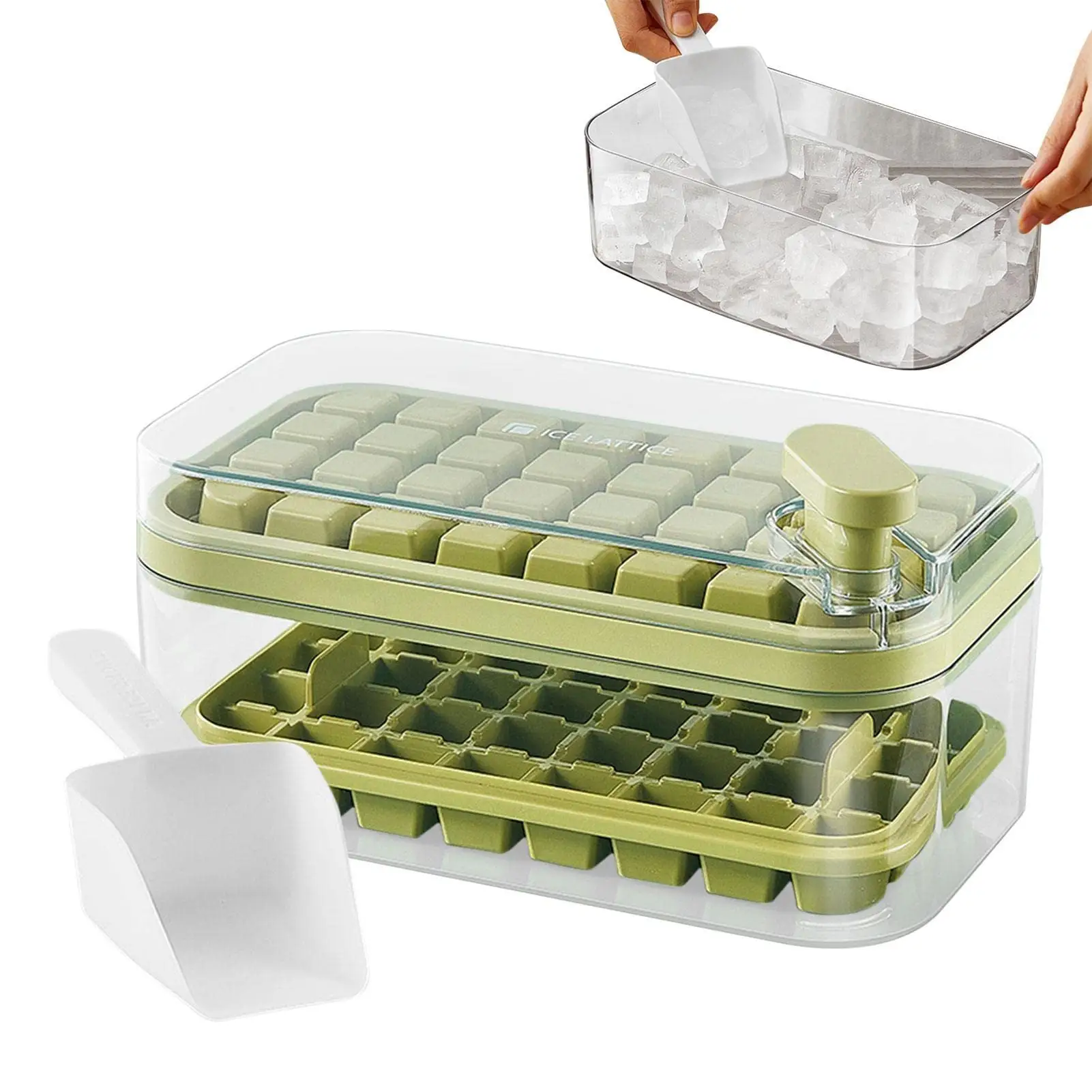 Camadas duplas 64pcs por atacado personalizado durável bandeja do cubo de gelo com tampa e bin gelo molde maker com mini colher de gelo