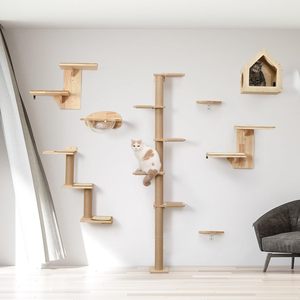 202407 gatto mobili da parete 2-Platform a forma di albero galleggiante scaffale Sisal tappetino in legno massello posatoio 16 pollici gatto albero graffio - Product Image 5