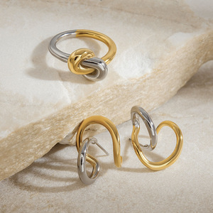 Yueli Huggie Earrings Gold <b>Silver</b> Color Block Geometric Design Stainless Steel Fashion <b>Studs</b> - Product Image 4