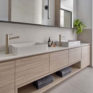 Simple Wall Hanging Solid Wood Marble Top Narrow Bathroom Cabinet Wood Unit <b>with</b> Led <b>Mirror</b> - Product Image 3