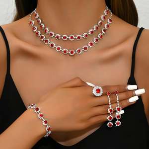 ジュエリーセットシルバーメッキフラワードロップダイヤモンド銅高級ブレスレットリングイヤリングネックレス女性用 - Product Image 2