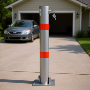 Bolardo de estacionamiento de metal gris con cerradura, 4 pulgadas de diámetro, con rayas rojas para protección de coches en garajes, poste de seguridad. - Product Image 2