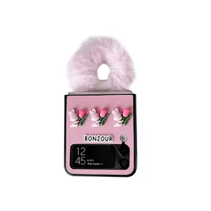 Braccialetto di peluche di lusso all'ingrosso portatile rosa Girly cuore piegato custodie per telefono per Samsung Galaxy zflip3 4 bella borsa per telefono femminile