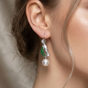 [Expo de Joyería Internacional de Hong Kong] Pendientes Colgantes de Estilo Oriental Vintage, Hechos a Mano, Inspirados en Bambú, con Hojas Esmaltadas - Product Image 3