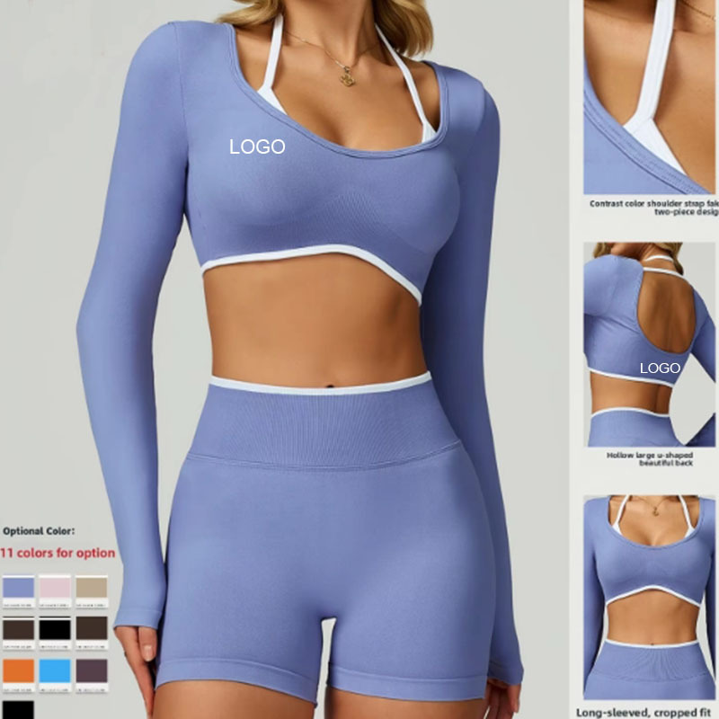 Breathable Lightweight Seamless Solid V-neck Yoga Long-Sleeve Faux Two-Piece Sports Top Spandex/Nylon Fitness T-Shirt Short