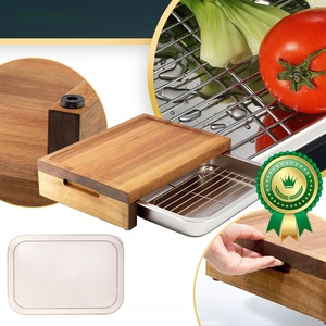 Tabla de cortar de madera de acacia con bandeja y soporte de acero inoxidable para preparación de carne, rectangular, multifuncional, para cocina. - Product Image 2