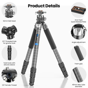 Trípode de Fibra de Carbono WEYLLAN GX9, Trípode Resistente, Trípode Profesional para Cámara, Monopié con Tubo de 40 mm para Lentes Teleobjetivo, Carga de 40 kg, L97 - Product Image 6