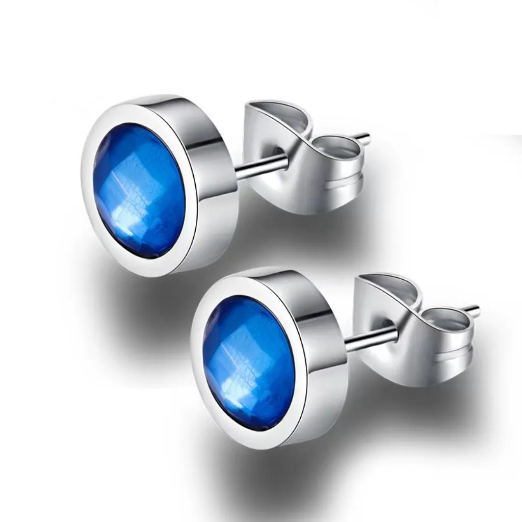 New Arrival Stainless Steel Large Rhinestone Blue Sapphire Earrings for Women Man
