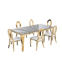 Ensemble table et chaises modernes en acier inoxydable doré, meubles de banquet rectangulaires en verre miroir pour hôtel et restaurant