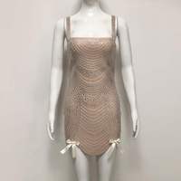 Robe de soirée de luxe pour femme, style célébrité, 100 % polyester, bretelles spaghetti, ornée de strass et de perles, avec nœud, respirante, mini-robe de club