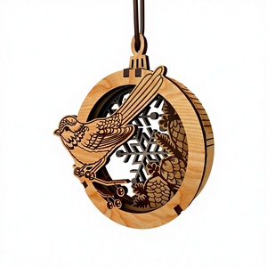 Ornement de Noël en bois à suspendre, cercle découpé au laser, oiseau, pomme de pin, flocon de neige, décoration rustique faite à la main - Product Image 1