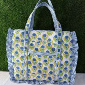 Bolsos de Mano Grandes Personalizados de Algodón Acolchado, con Estampado Floral y Volantes, Cierre Abierto, Estilo Boho de Verano, para Mujer - Product Image 3