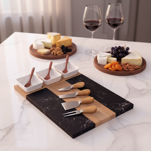 Nouvelle planche à découper rectangulaire jetable en marbre et <span class=keywords><strong>bois</strong></span> avec 3 bols en céramique - Ustensiles de cuisine - Product Image 5