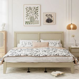 Mid Century King <b>Size</b> Solid Wood <b>Bed</b> Frame Natural Finish Modern Wooden Bedroom Furniture Durable Platform <b>Bed</b> for Home - Product Image 1