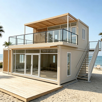 Villa Contenedor Prefabricada Modular de 2 Pisos con Gran Ventana Panorámica y Muro Cortina de Vidrio Color Crema, Desmontable y Empacable, para Apartamento en Resort Costero