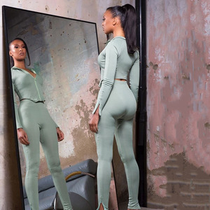 Ensemble deux pièces pour femmes, couleur unie, haut à manches longues avec fermeture éclair, pantalon extensible, extensible dans les quatre sens, costume décontracté FD8641 - Product Image 2