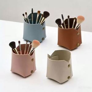 <b>Foldable</b> Handmade Embossed PU Leather Desktop Basket Makeup Brush Holder Organizer <b>Desk</b> Accessories Storage Pencil Pen Holder - Product Image 1