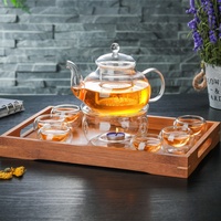 Ensembles de théière en verre avec infuseur pour feuilles libres, petit gobelet chauffant, plateau en bois à gaz, de 400 ml, 600 ml, 800 ml, 1000 ml, 1200ml