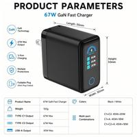 Chargeur de téléphone rapide 67W GaN multi-ports avec affichage numérique de la puissance en temps réel, adaptateur super rapide 2C1A pour téléphone portable