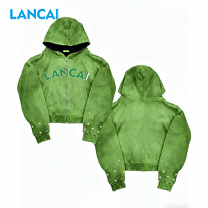 Sweat à capuche zippé pour hommes, personnalisé par les fabricants, style streetwear oversize, délavé à l'acide, effet vieilli, avec strass - Product Image 1