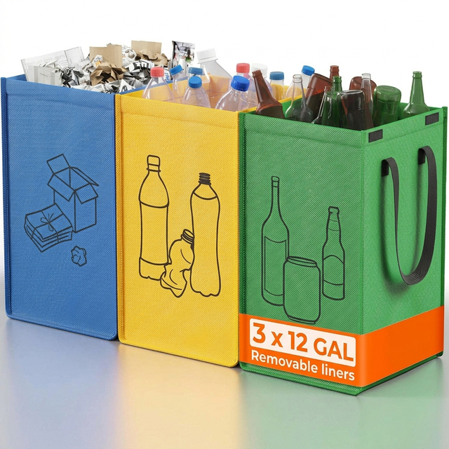 3 Compartments Recycling Bin Waste Trash Bottle Paper Glass Fabric Sorting Organizer Container Basket for Kitchen Office Home