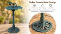 Bain d'oiseaux extérieur sur piédestal en résine résistante aux intempéries, motif feuille de lotus verdigris, avec statue d'oiseau et décoration de jardin solaire