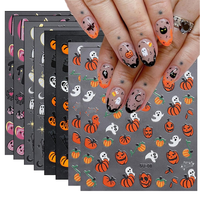 Stiker Kuku 3D Halloween Perekat Sendiri Motif Labu Hantu Kelelawar Jaring Laba-laba Vinyl Tahan Air DIY Seni Kuku