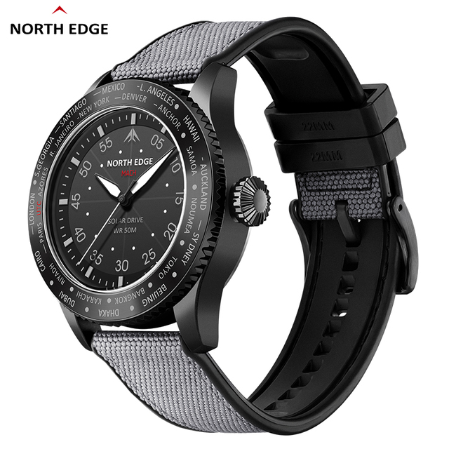 NORTH EDGE MACH Solar Quartz Watch Waterproof Sport Watches Solar Charging Watch Optical Kinetic Energy Light Wave Wristwatch