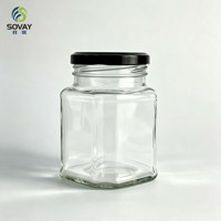Pot en verre transparent carré de 320 ml avec couvercle à vis noir, récipient en verre à col fileté pour le miel, la confiture, la sauce chili, l'emballage alimentaire