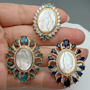 Wholesale Custom Exquisite Zircon Crystal Mother Pearl Shell Religious Guadalupe Virgin Mary Pendants Charms For Jewelry Making