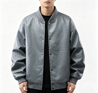 Blouson bomber en cuir PU gris, fermeture à boutons-pression oversize, col, poignets et ourlet côtelés, manteau streetwear à épaules tombantes volumineuses