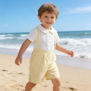 Ensemble de vêtements pour garçons, chemise blanche à <span class=keywords><strong>col</strong></span> Peter Pan en coton personnalisé pour bébé garçon et short à bretelles rayé bleu clair - Product Image 1