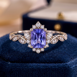 Anillo de Tanzanita con Corte Esmeralda, Plata de Ley 925, Anillo de Compromiso con Hoja Floral, Gema Azul Violeta, Joyería Personalizada - Product Image 4