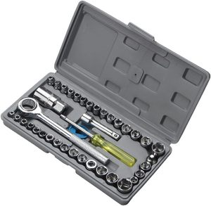 Jeu de clés à douilles à cliquet avec poignée rotative, 40 pièces, en acier inoxydable, embouts 1/4 et <span class=keywords><strong>3</strong></span>/<span class=keywords><strong>8</strong></span> pouces, douilles SAE et métriques, coffret rigide, <span class=keywords><strong>3</strong></span>/<span class=keywords><strong>8</strong></span> pouces - Product Image 1