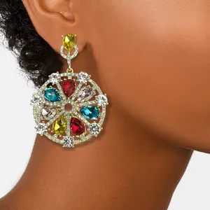 Boho Vintage Rhinestone Crystal Drill Dangle Earrings Luxury Jeweled Pendant Circular Drop Earrings For Women