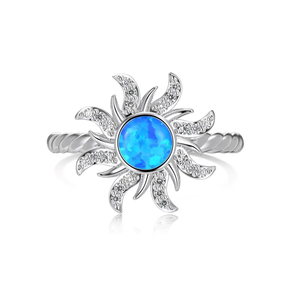Dylam declaración personalizada joyería de moda fina S925 plata 5A Zirconia forma de sol piedra de ópalo sintético anillos de joyería para mujer