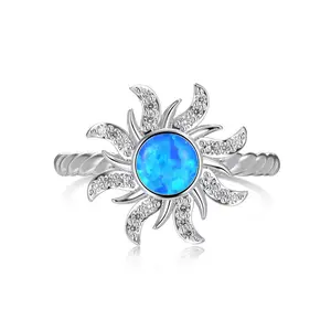 Dylam Statement Personalized Fine Fashion Jewelry S925 Silver 5A Zirconia Sun Shape Synthetic Opal Stone Jewelry Rings for Women