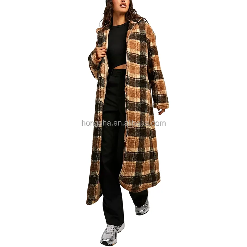 Ekose trençkot kadın fermuar ön uzun Maxi kış ceket polar onay baskı uzun palto bayanlar