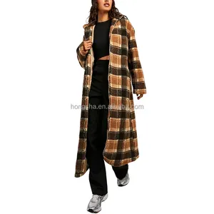 Plaid Trench Coat Women Zipper Front Long Maxi Winter Coat Fleece Check Print Long Coats For Ladies