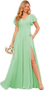 ציפון צוואר ruffes V ruffles שרוול קצר ארוך גב שמלות שושבינה - Product Image 5