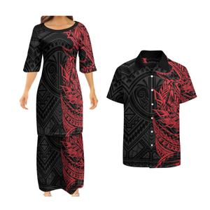 A basso prezzo all'ingrosso disegno polinesiano personalizzato coppie di <span class=keywords><strong>abbigliamento</strong></span> due pezzi set Samoan Puletasi abito abbinato camicie da uomo Aloha - Product Image 5